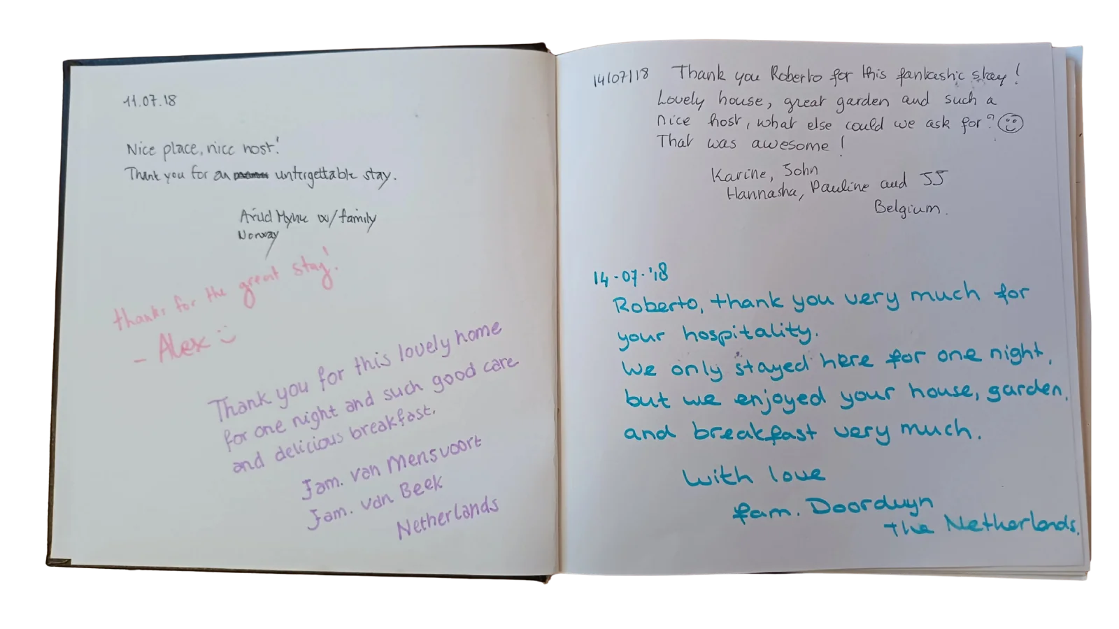 Double page with greetings from Norwegian, Belgian and Dutch families
