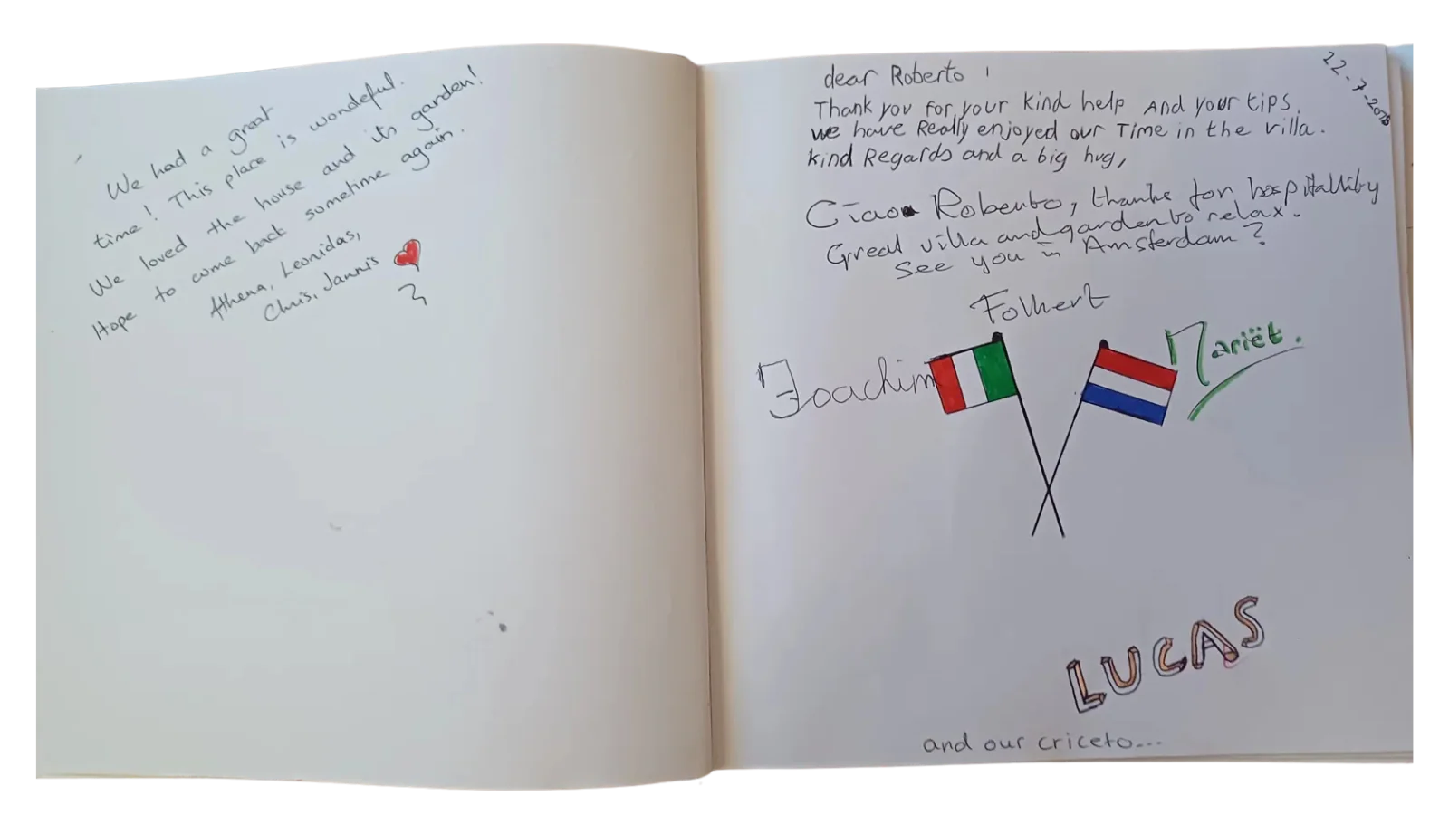 Double page with hand-drawn Italian and Dutch flags